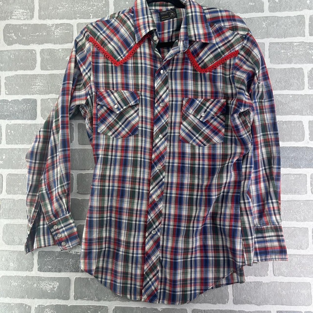 Vintage JCPenney 70s Western Red Plaid Pearl Snap Shirt Men Medium Rickrack Trim